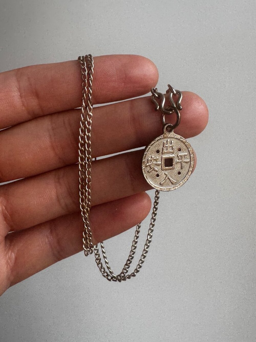 Vintage Pure Silver Chinese Coin Fu Blessing Protection Chain Necklace 20''